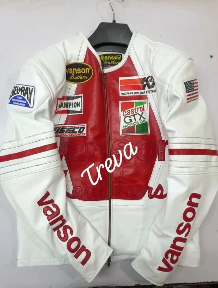 White and red motorcycle jacket with various brand logos on a white background