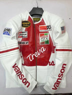 White and red motorcycle jacket with various brand logos on a white background