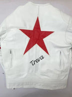 White leather jacket with a red star and 'Treva' branding on a white background