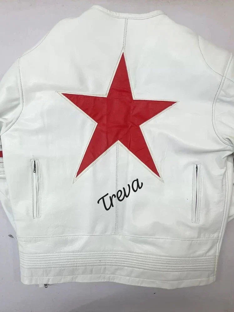 White leather jacket with a red star and 'Treva' branding on a white background