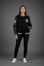 Female model wearing Daniel Jack Wings Varsity Jacket