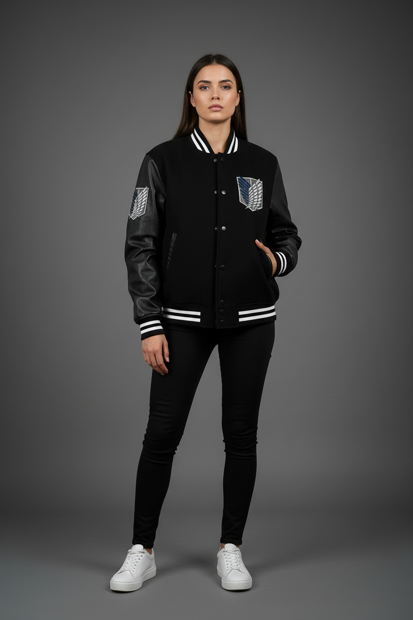 Female model wearing Daniel Jack Wings Varsity Jacket