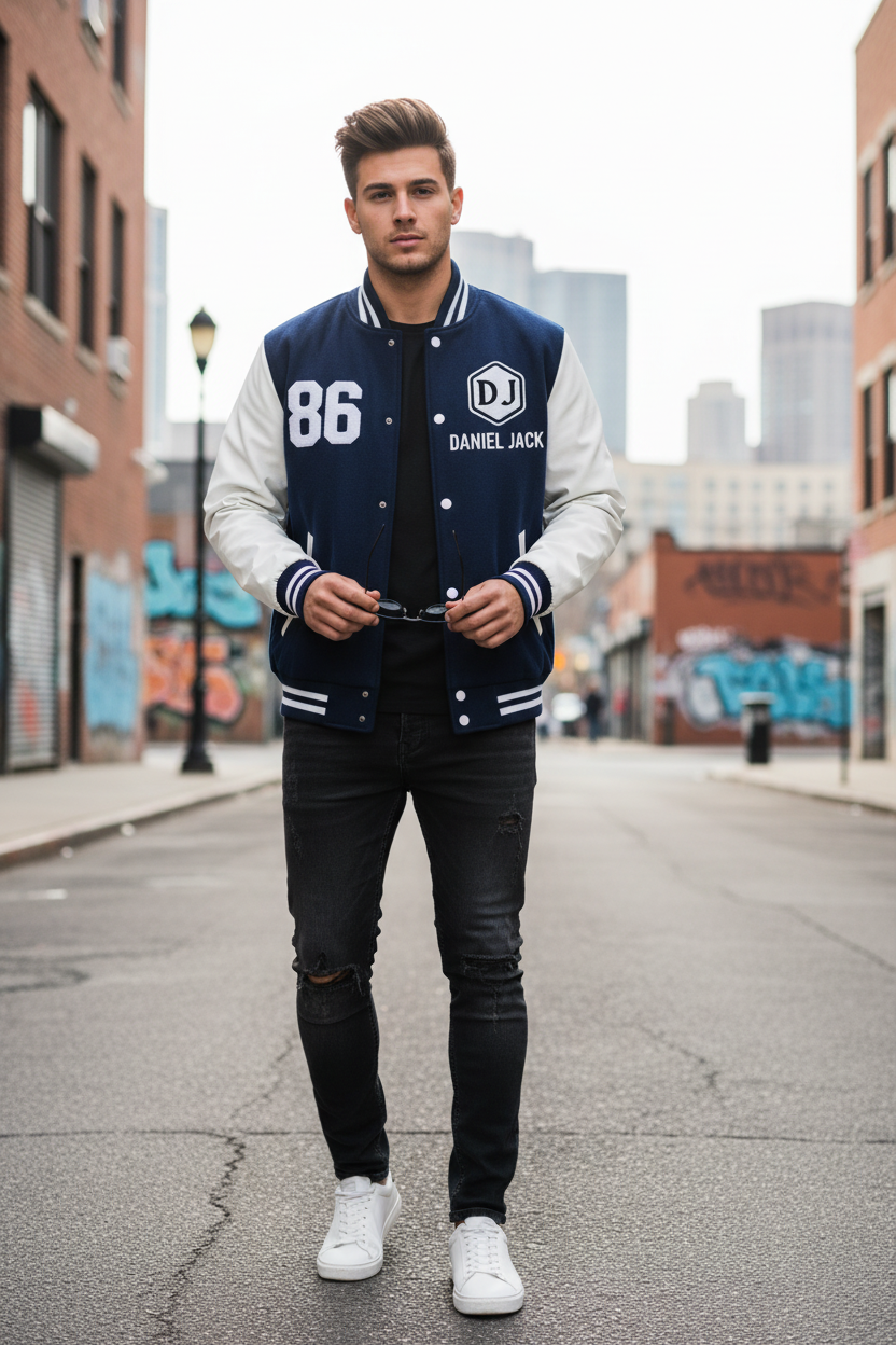 Male model wearing Daniel Jack Varsity Jacket