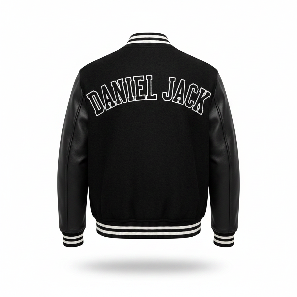 Daniel Jack Wings Varsity Jacket back view with DANIEL JACK embroidery