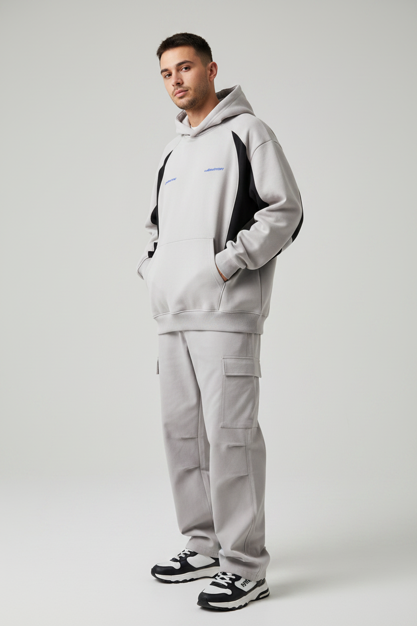 Male model wearing Premium Colorblock Logo Hoodie
