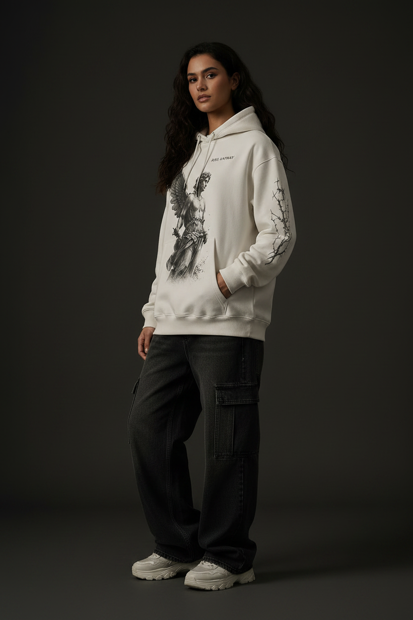Female model wearing Rise Anyway Premium Logo Hoodie