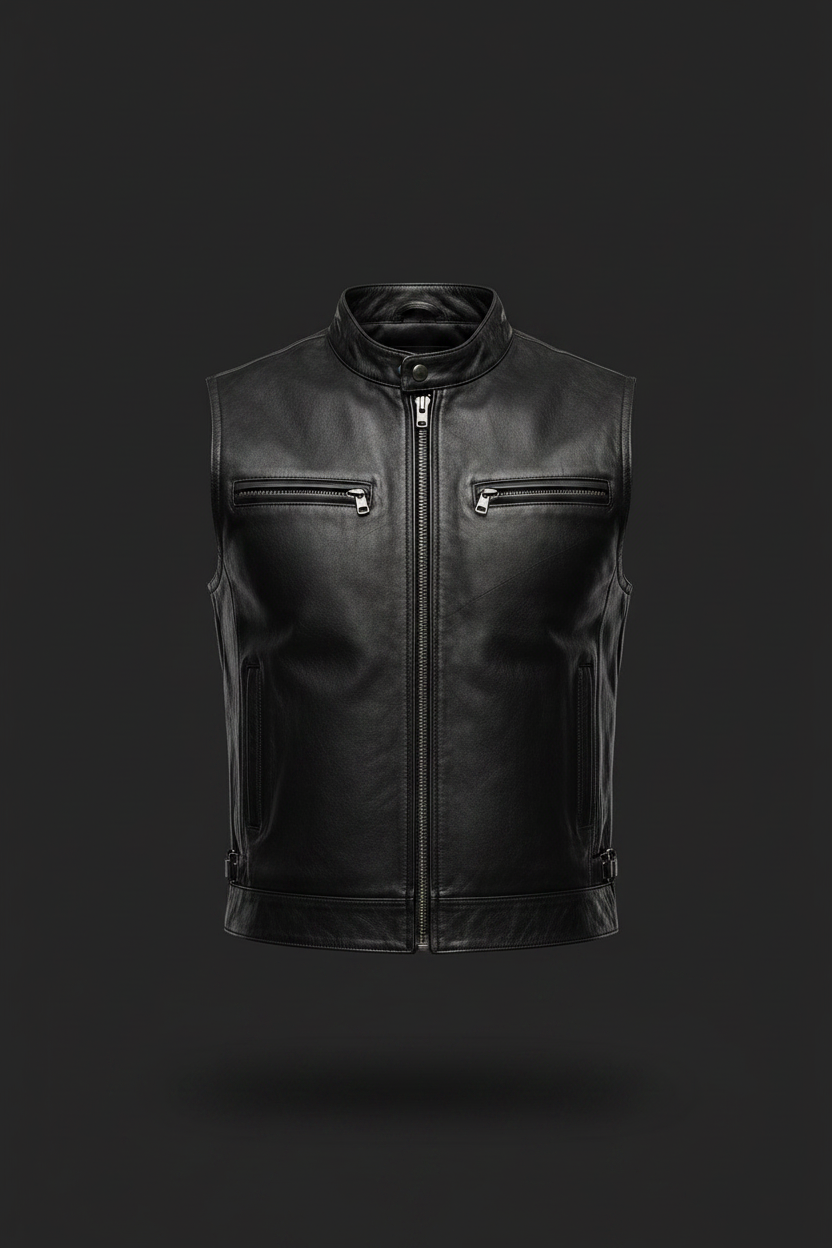 The Rider Black Leather Biker Vest – Front View