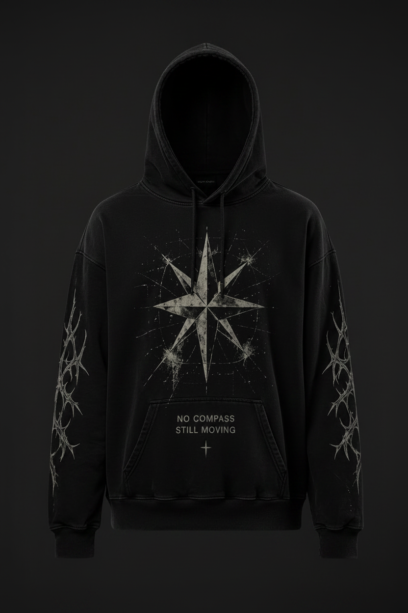 Premium Logo Hoodie front view with compass star graphic