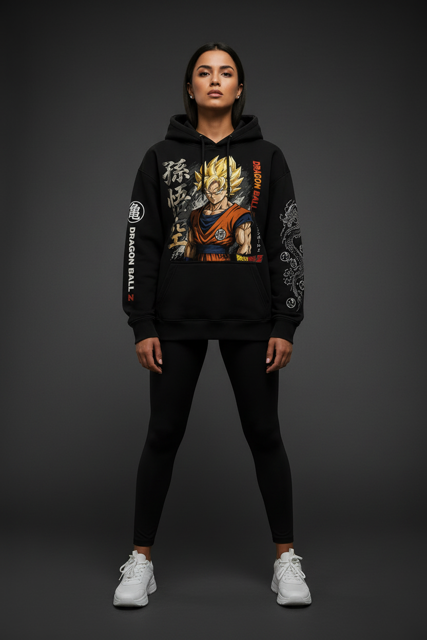 Female model wearing Dragon Ball Z Premium Hoodie