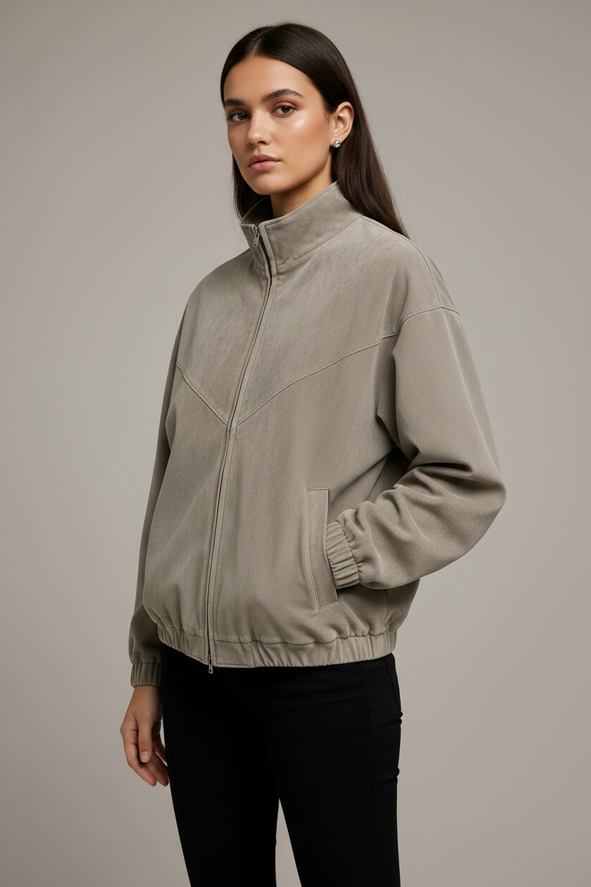The Architect Stone Suede Bomber Jacket – Female Model