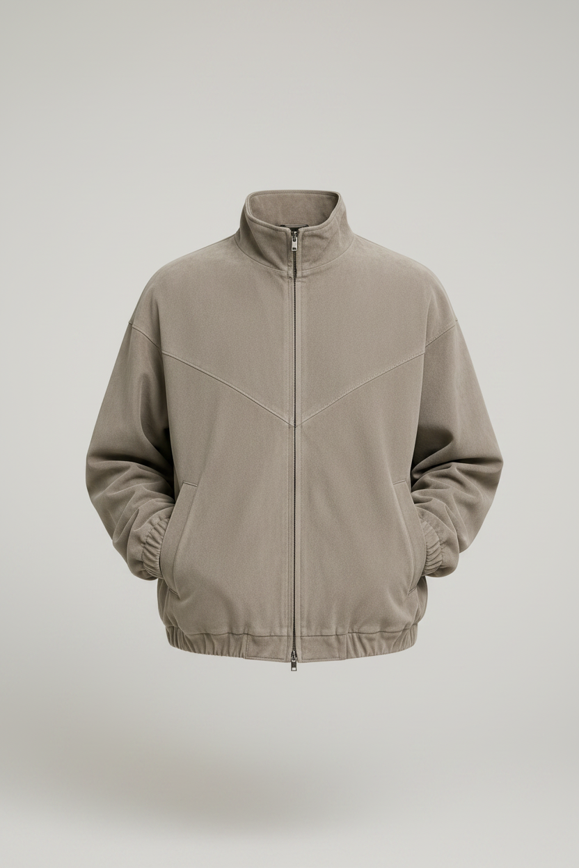 The Architect Stone Suede Bomber Jacket – Front View
