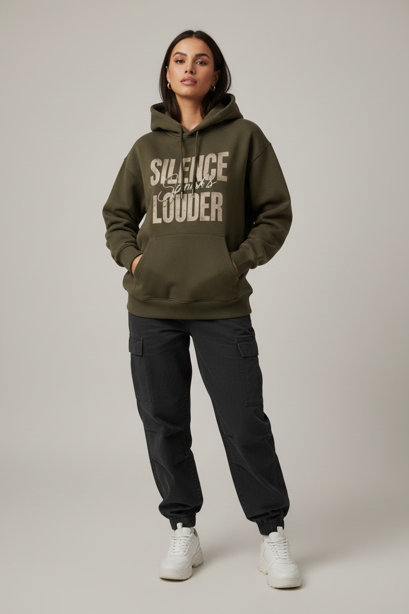Female model wearing Silence Is Louder Hoodie