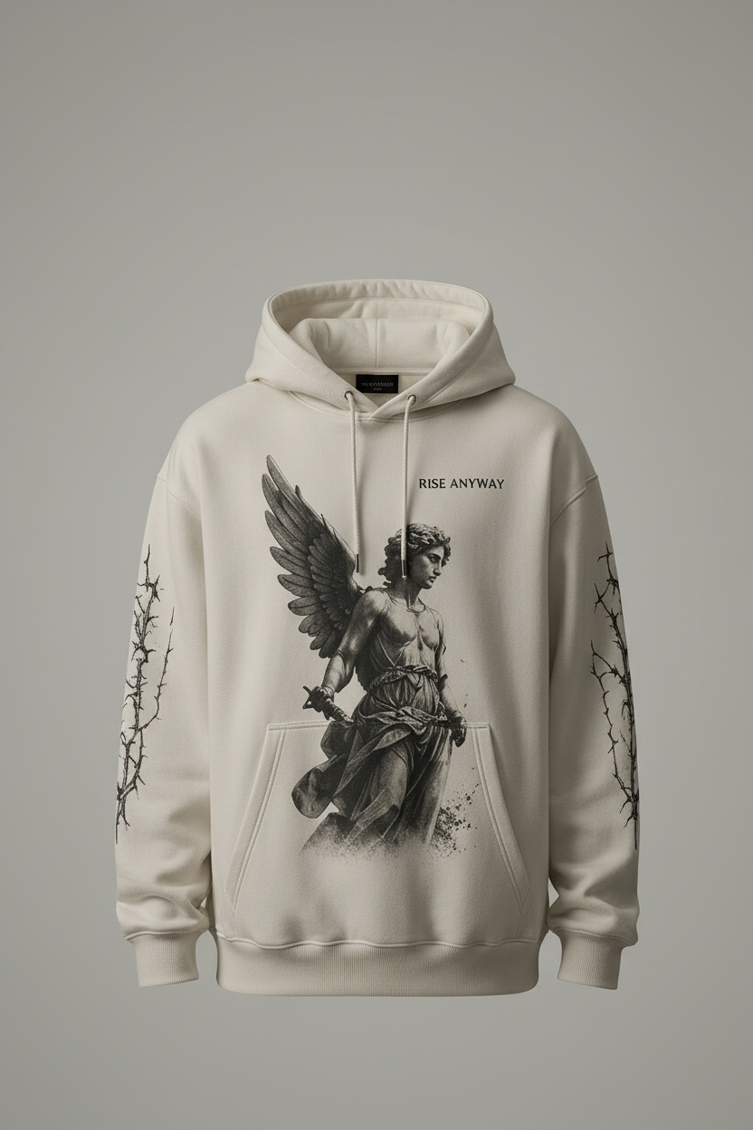 Premium Logo Hoodie front view with angel graphic
