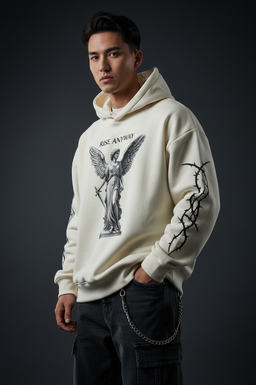 Male model wearing Rise Anyway Premium Logo Hoodie