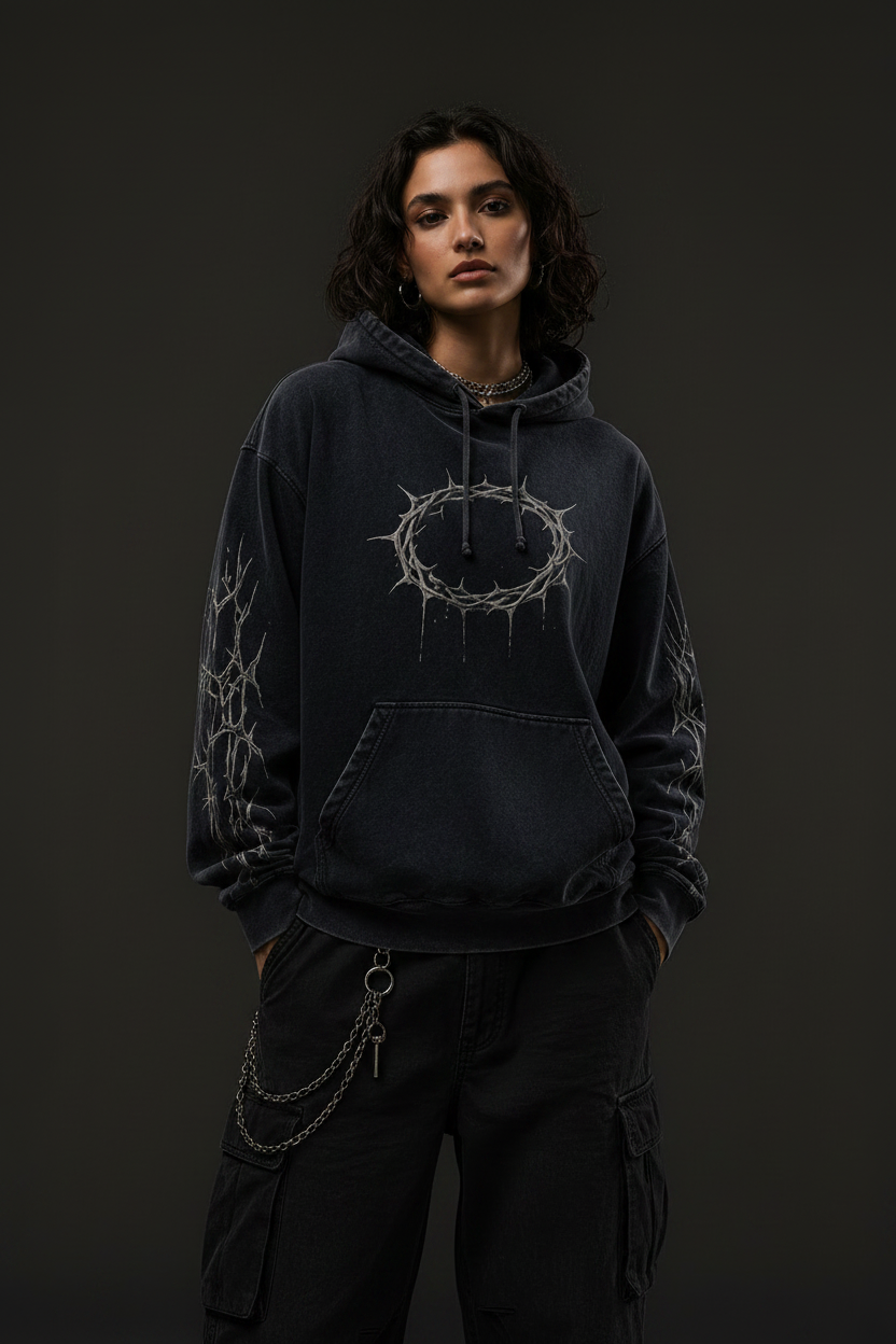 Female model wearing Dark Premium Logo Hoodie