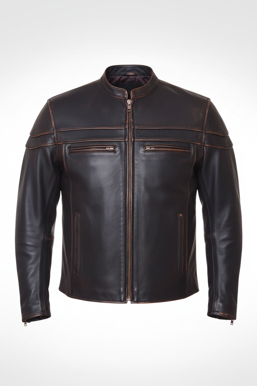 Daniel Jack Distressed Vintage Leather Motorcycle Jacket - Front View