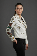 Daniel Jack White Studded Pin Biker Leather Jacket
