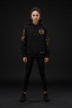 Female model wearing Demon Slayer Gold Hoodie