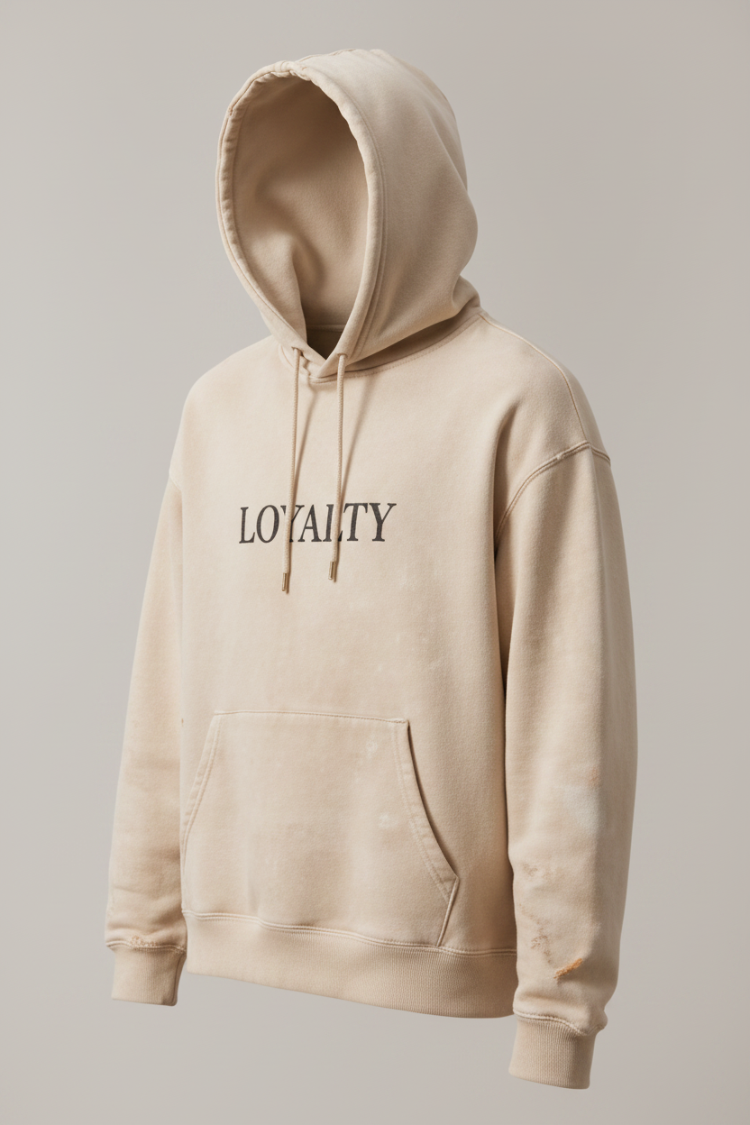Loyalty sand Premium Logo Hoodie angled side view