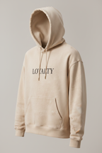 Loyalty sand Premium Logo Hoodie angled side view