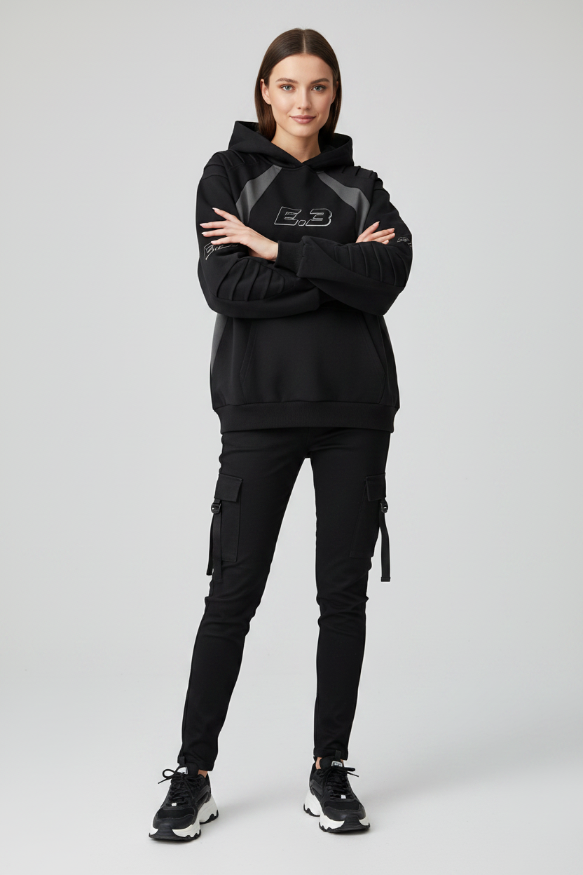 Female model wearing Premium Logo Hoodie