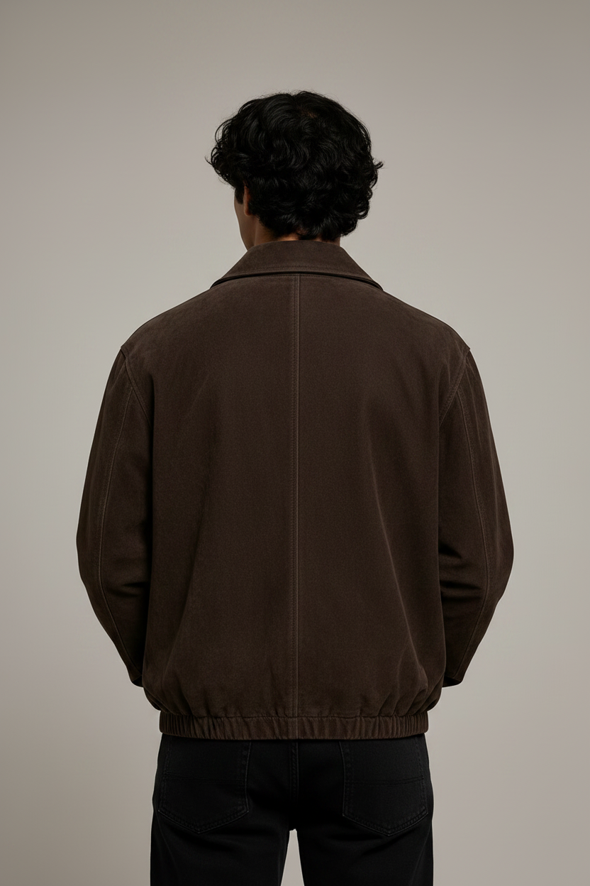 The Maverick Dark Suede Bomber Jacket – Back View
