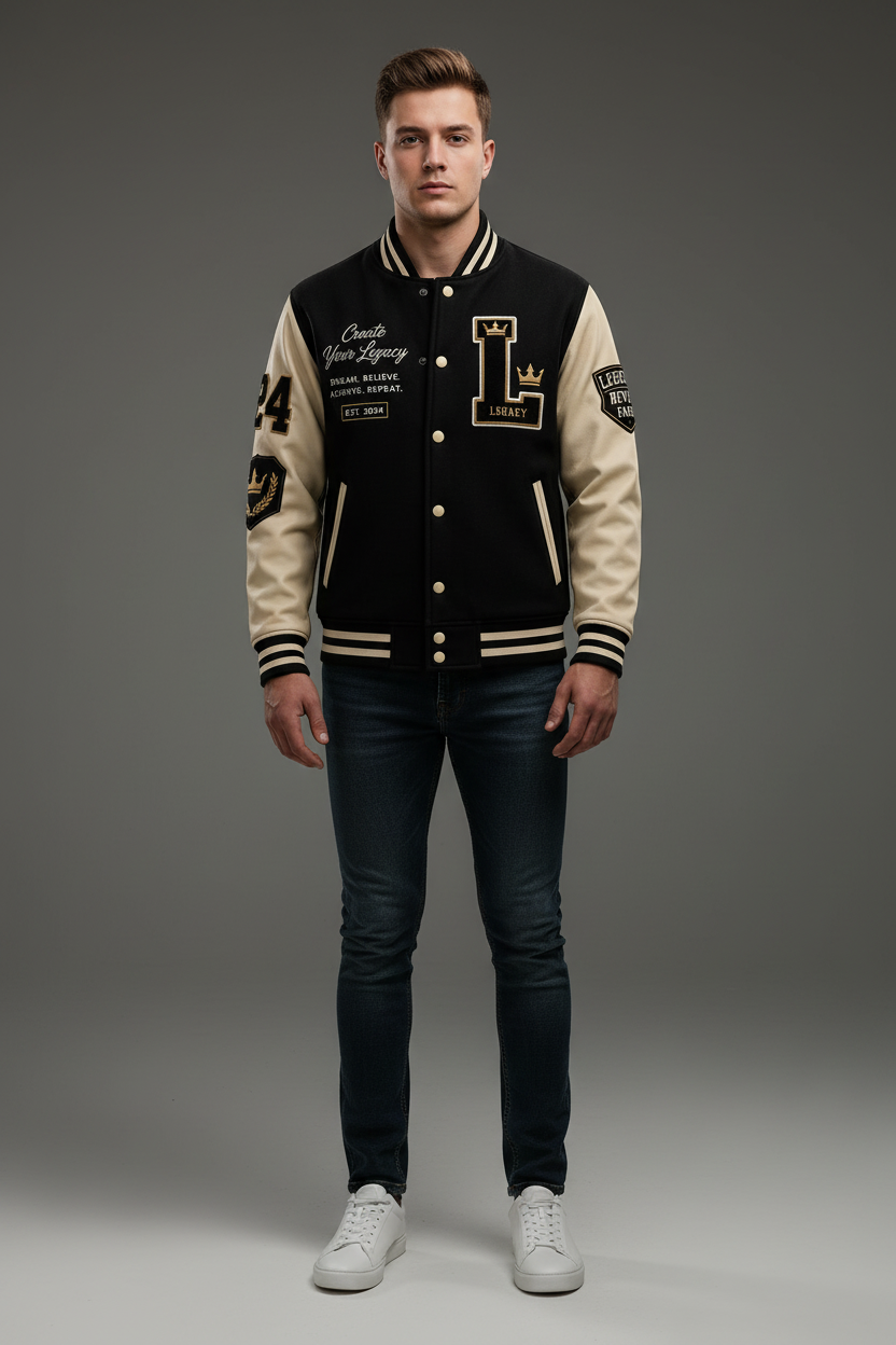Legends Never Fade Varsity Jacket – Male Model