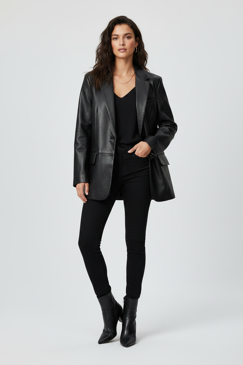 Daniel Jack Black Leather-Trim Oversized Blazer - Female Model