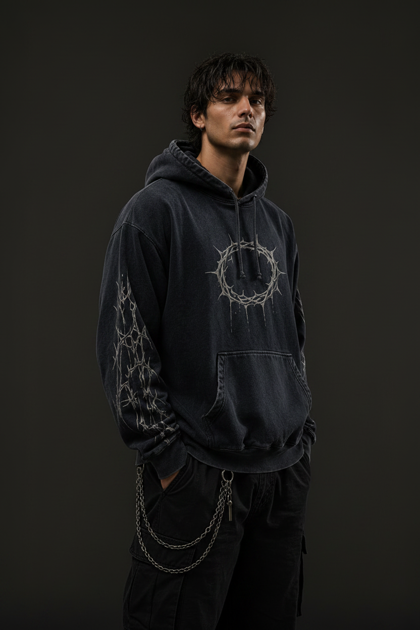 Male model wearing Dark Premium Logo Hoodie