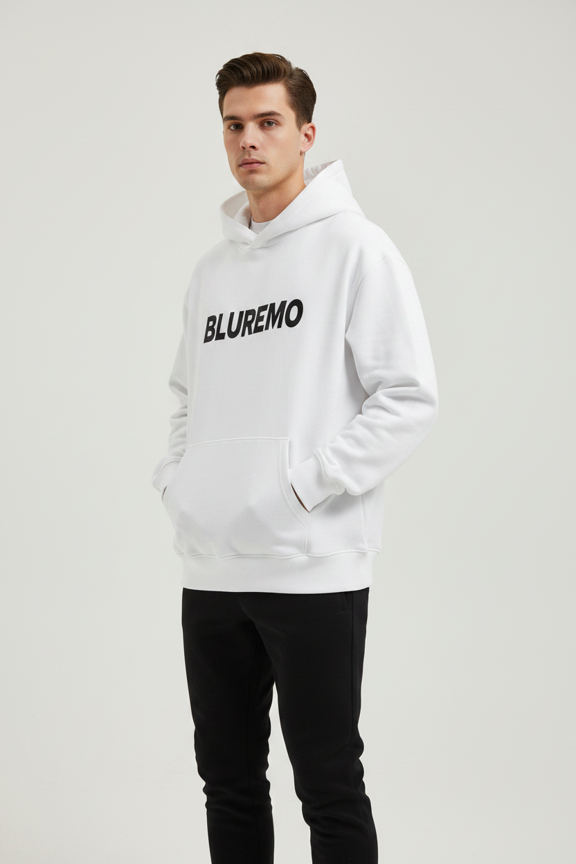 Male model wearing BLUREMO white Premium Logo Hoodie