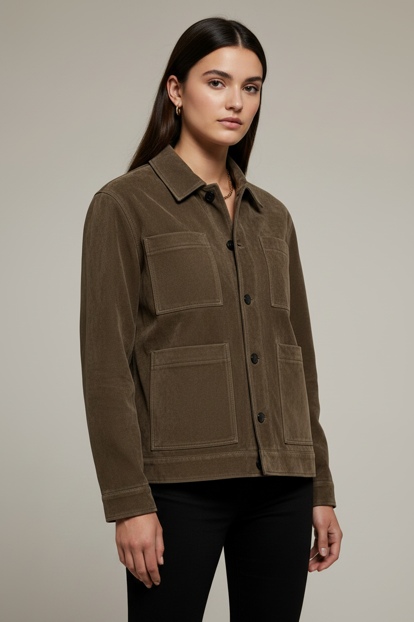 The Craftsman Suede Chore Jacket – Female Model