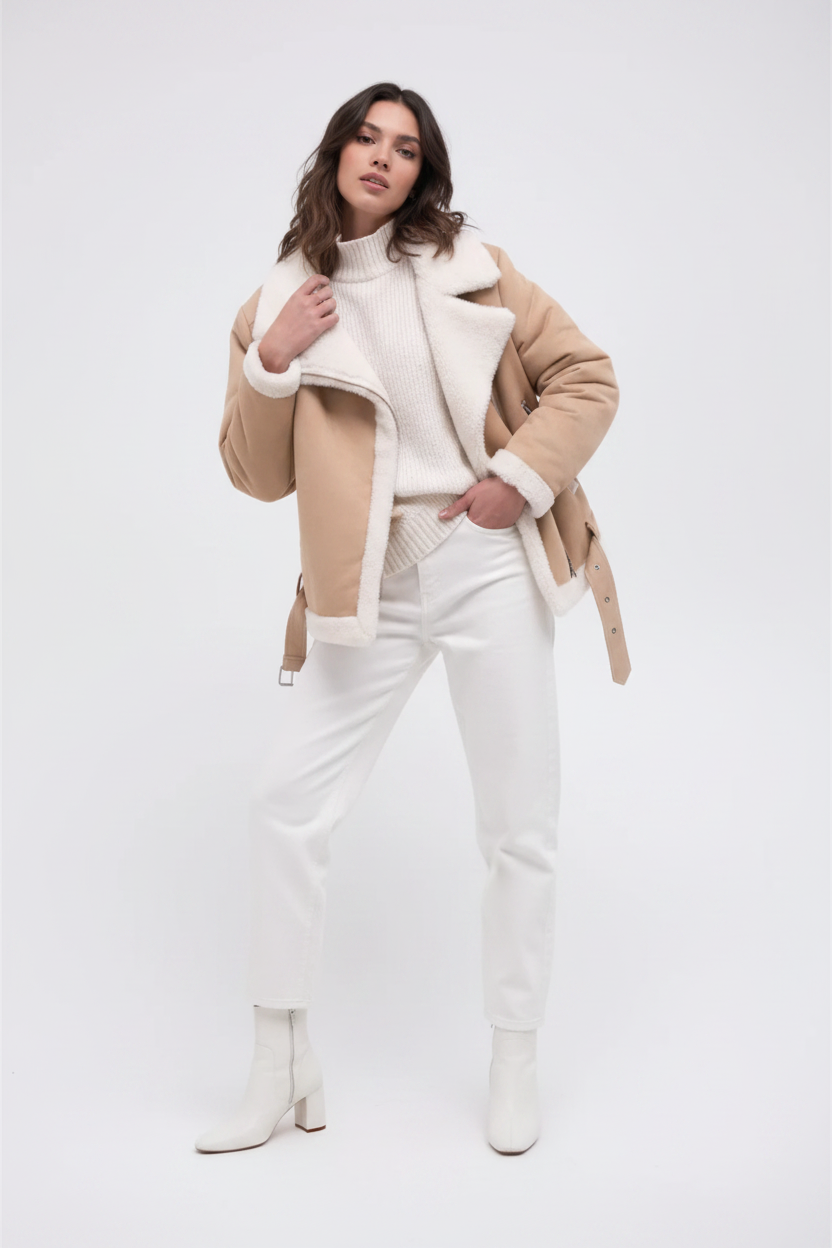 Daniel Jack Tan Suede Oversized Shearling Moto Jacket - Female Model