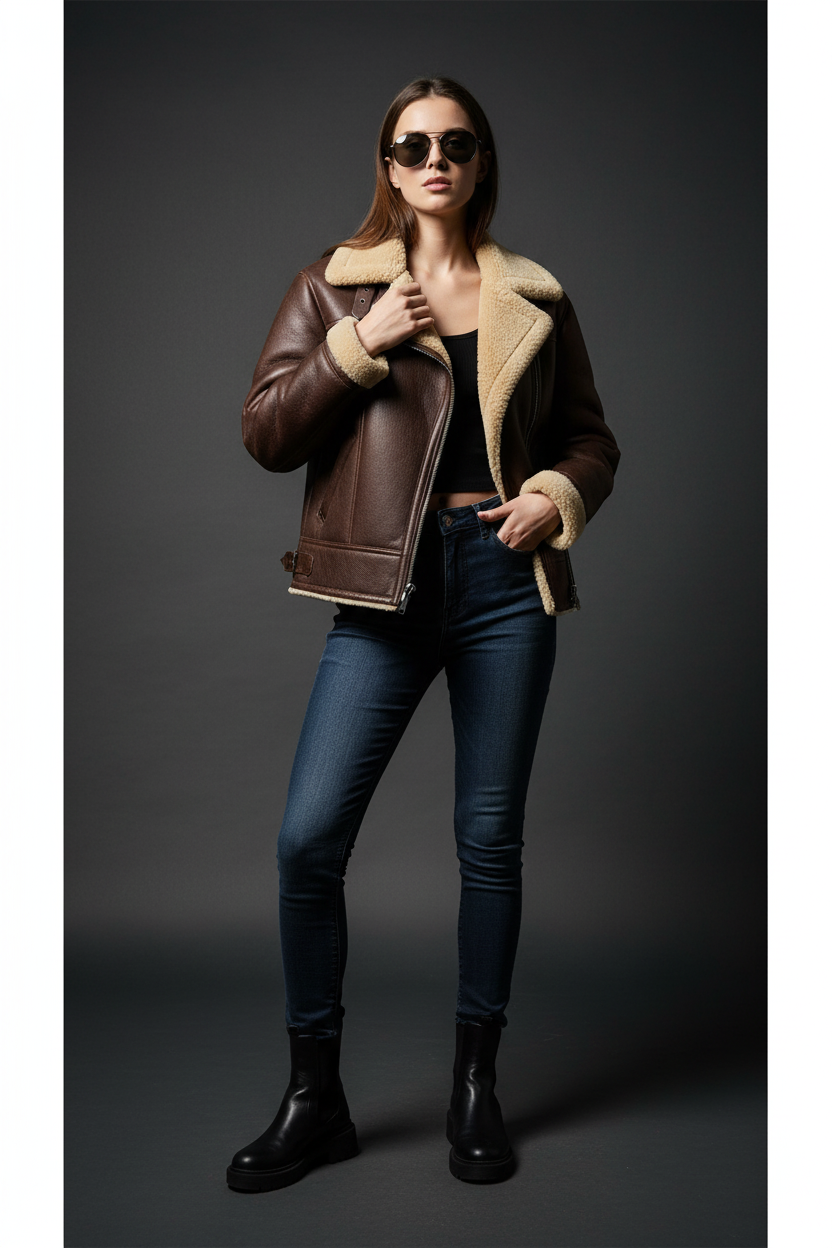Daniel Jack Brown Shearling Aviator Leather Jacket - Female Model