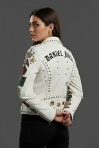 Daniel Jack White Studded Pin Biker Leather Jacket