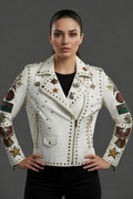 Daniel Jack White Studded Pin Biker Leather Jacket
