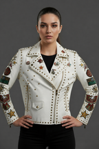 Daniel Jack White Studded Pin Biker Leather Jacket