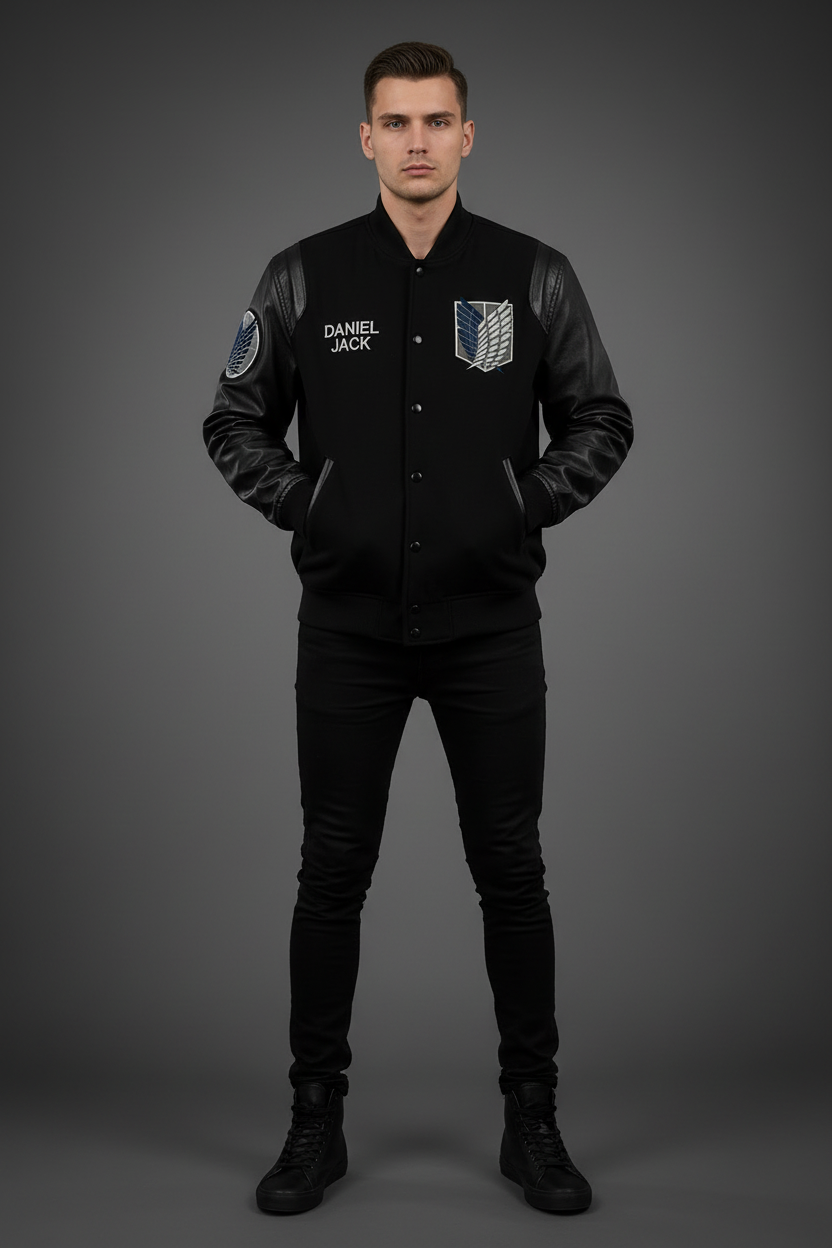 Male Model - Black Sleeves Varsity Jacket